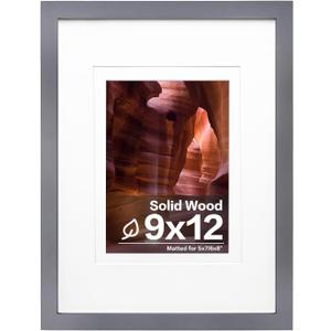 Egofine 9x12 Picture Frame Made of Solid Wood Covered by Plexiglass, Wood Frame for Pictures 5x7/6x8 with Mat or 9x12 without Mat, Tabletop and Wall Mounting Display, Dark Grey
