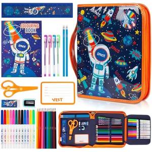 Space Markers Set with Glitter Pencil Case & Stationery, Art Supplies for Kids Ages 4-6-8, Arts Crafts Travel Coloring Kit for Boys 4 5 6 7 8 Year Old Birthday Gifts
