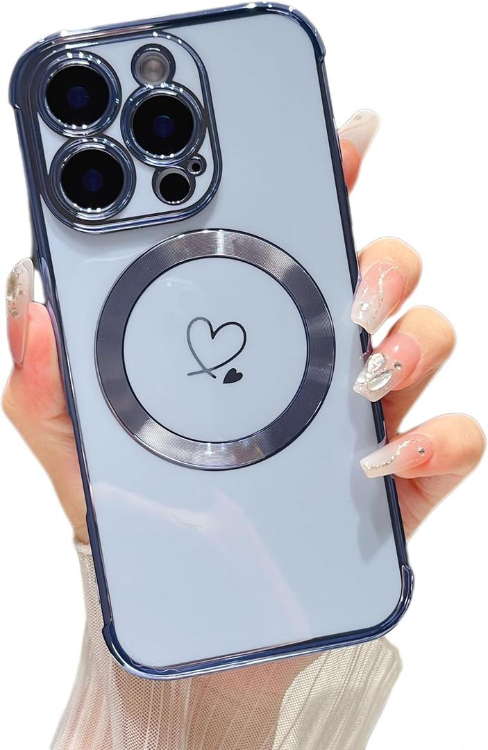 ZTOFERA Magnetic Case for iPhone 16 Pro Case 6.3" [Compatible with MagSafe] Cute Plating Love Hearts Pattern Case with Camera Protection,Soft Shockproof TPU Bumper Cover for Women Girls,Blue
