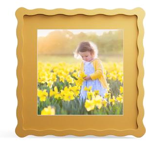 10x10 Picture Frame with Mat for 8x8, Wavy Edge Wooden Real Glass Photo Frame for Tabletop and Wall Hanging, Yellow, 1 Pack