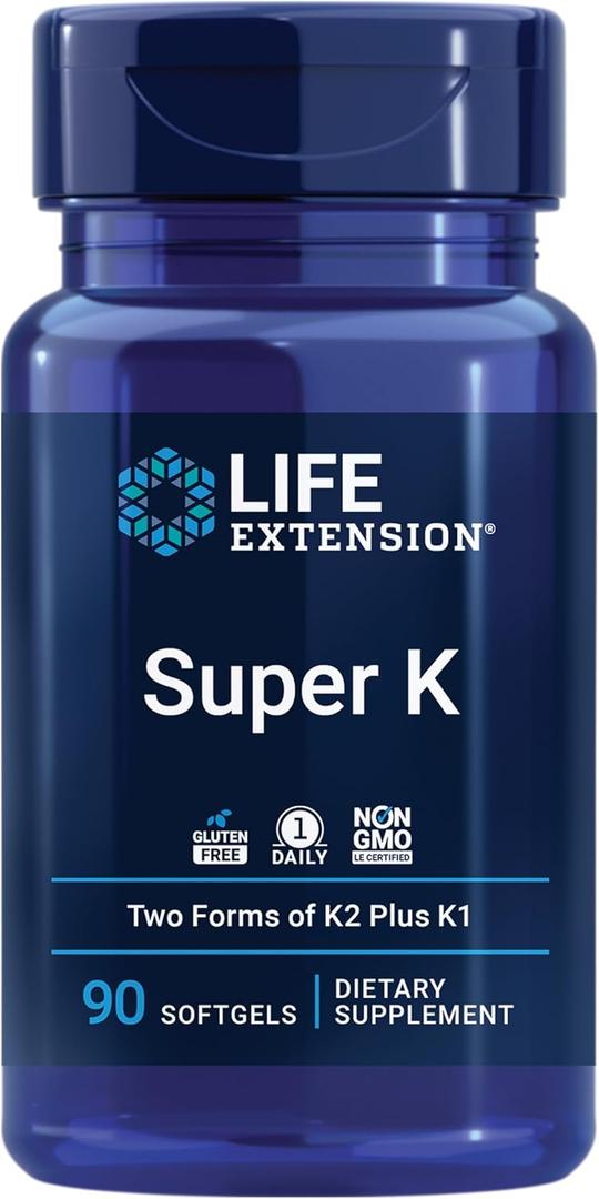 Life Extension Super K, Vitamin K Supplement, 2000 Mcg Vitamin K and 1180 Mcg Vitamin K2, Heart Health, Once-Daily, 90 Softgels