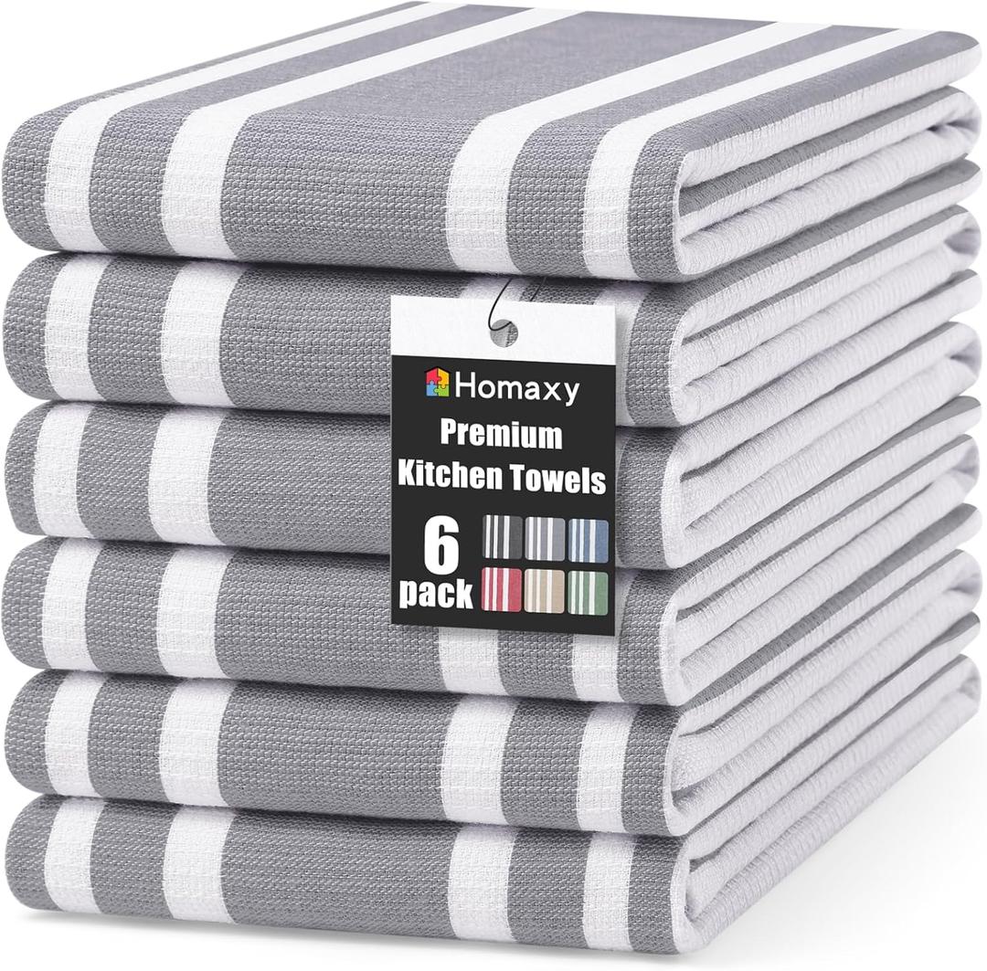 Homaxy Premium Kitchen Towels 18x 28, Large Cotton 380 GSM Kitchen Hand Towels, Stripe and Terry Dish Towel, Highly Absorbent Tea Towel Set with Hanging Loop, 6 Pack, Grey