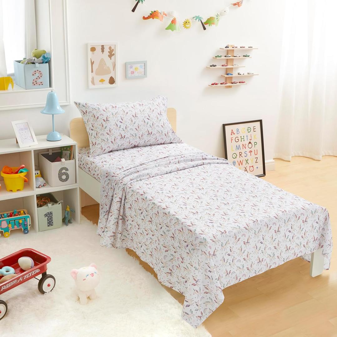 Amazon Basics Microfiber Kids' Sheet Set with Pillowcase, 3 Piece, Twin, Unicorn and Rainbow