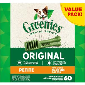 Greenies Original Petite Dental Dog Treats, 36 oz. Pack, 60 Treats. Best By: 11/26/29