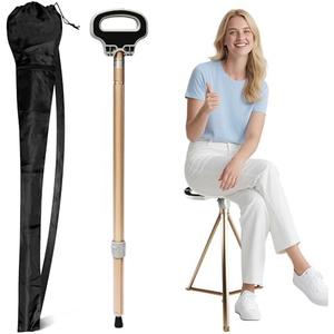 ALEVMOOM Walking Cane with Seat Folding Lightweight, 2-in-1 Cane Stool for Adults, Aluminum Walking Stick with Seat, Portable Stool for Senior, with Carry Bag