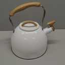 LONFFERY Tea Kettle for Stove Top, 3.2 Quart Whistling Tea Kettle, Food Grade Stainless Steel and Wood Pattern Folding Handle, White