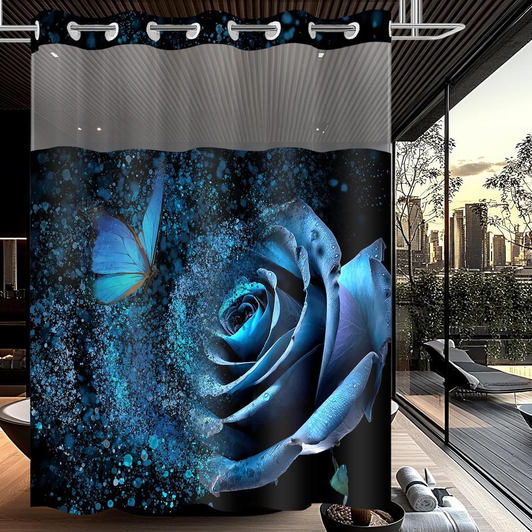 No Hook Shower Curtain with Snap in Liner Sets, Blue Rose Butterfly Design, Waterproof Washable Fabric Curtain with See Through Mesh Top Window for Bathroom Decor 71x74 Inch