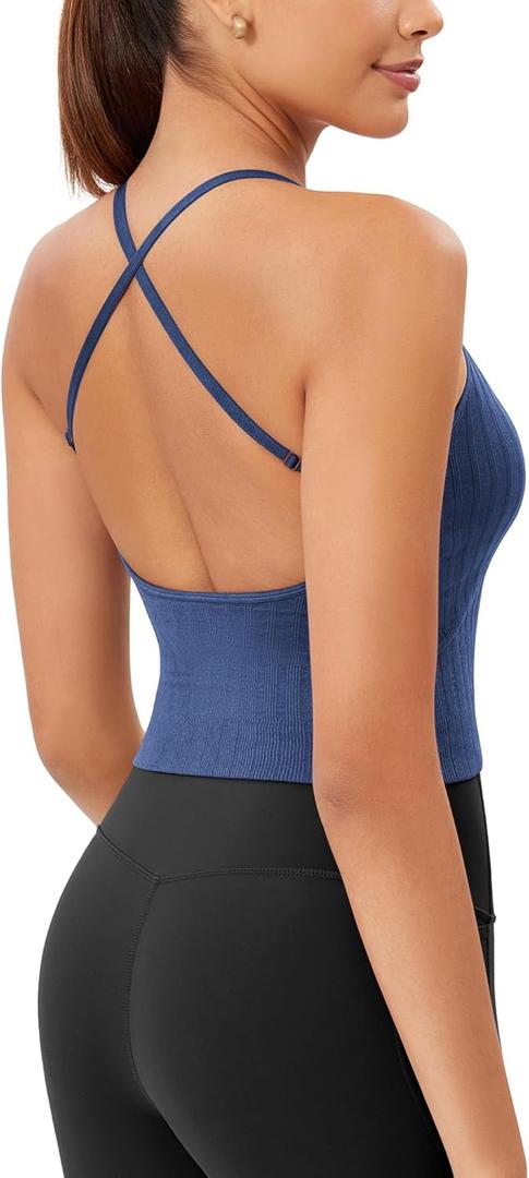 ODODOS Seamless Padded Sports Bra for Women Criss-Cross Back Longline Wirefree Brami Ribbed Crop Tank Tops, Washing Cobalt Blue, Medium-Large (Blue)