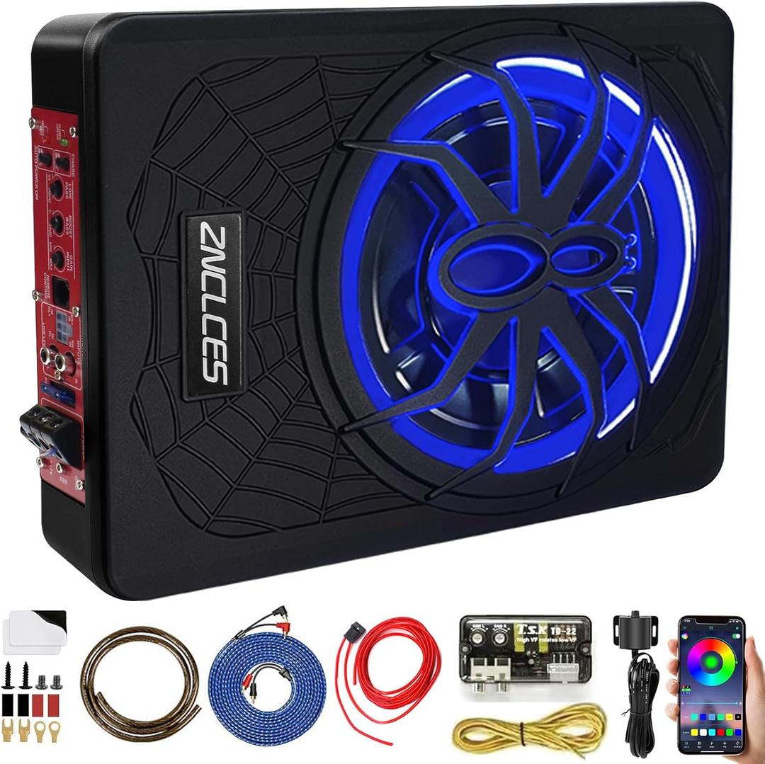 2025 Upgraded 10" 1200W Slim Under Seat Powered Car Subwoofer, Car/Truck Sub Built in Amplifier for Outstanding Heat Dissipation, Powerful bass and Blue LED (Coloful Light)