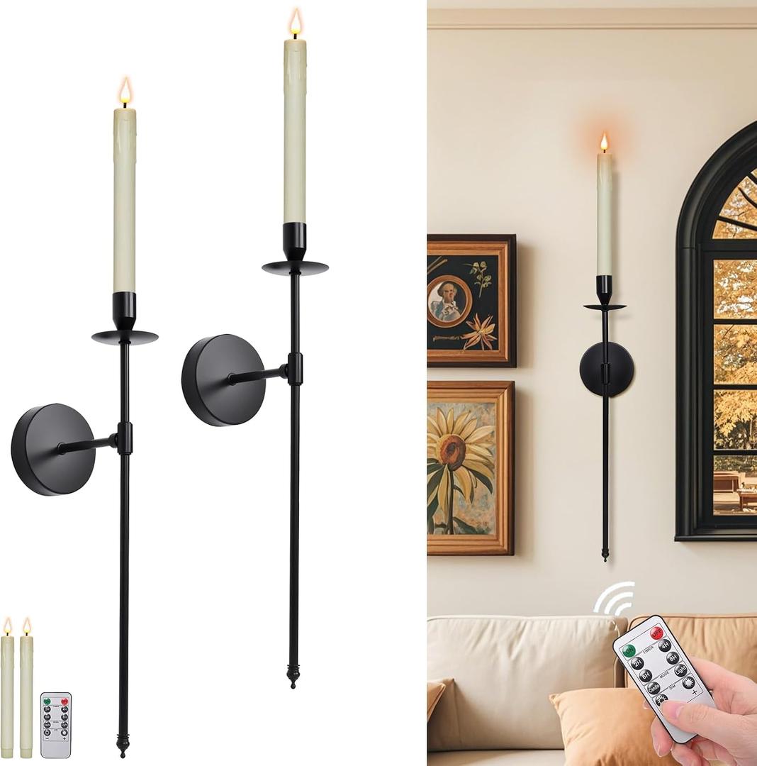 Candle Holder Wall Sconces Set of 2 with Battery Operated Candles and Remote Control, Wall Sconces Home Decor, Battery Candle Sticks Holder with Flameless Flickering Taper Timer Black