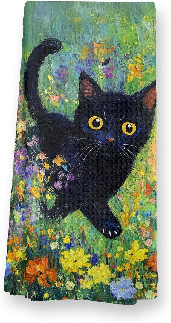 Fresh Meadow Black Cat Kitchen Towels, Cat Lover Gifts for Women Men Dish Towels for Kitchen Decor, Black Kitten Hand Towel for Bathroom Decor, 16x24 Inch
