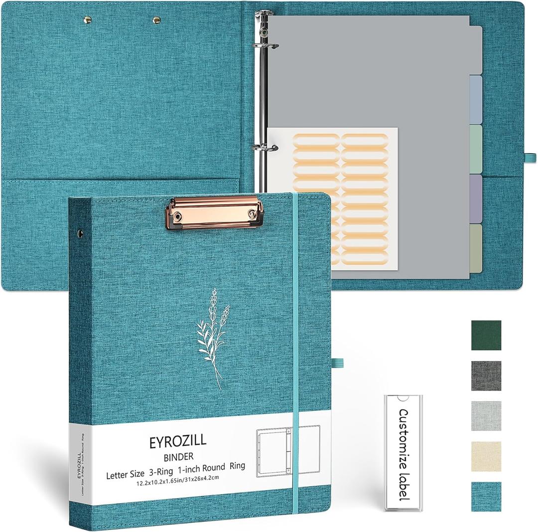 EYROZILL 3 Ring Binder, 1 Inch Linen Binder Organizer for Letter Size (8.5" x 11") with 5 Tab Dividers, File Folder Labels and Low Profile Clipboards, School and Office Supplies- Lavender Blue