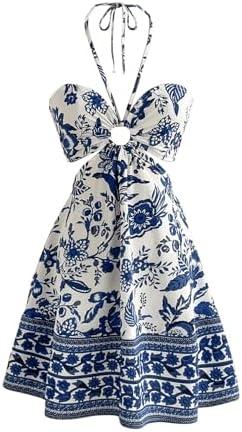 RoseSeek Women's Floral Halter Flowy A Line Dress Cut Out Smocked High Waisted Short Vacation Dress Sundresses Blue and White, Medium
