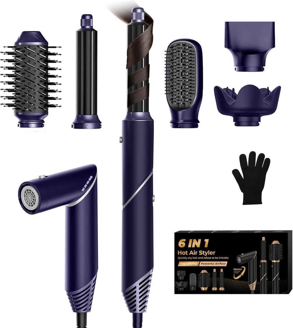 6 in 1 Hair Dryer Brush, Foldable Blow Dryer Brush with Air Styler Curler Wrap, Detachable Hot Air Brush Dry,Volumize, Straight,Curl, Negative Ion Brush Blow Dryer with Diffuser, Hair Styler Tools (Blue)