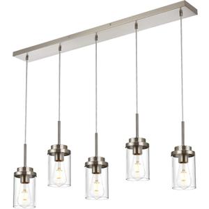 MELUCEE 5 Lights Kitchen Island Lighting Modern Linear Chandeliers for Dining Room, Industrial Brushed Nickel Pendant Light Fixtures Ceiling Hanging with Clear Glass Shade, 37.0 Inches Length, 5 Lights-1 Pack Linear