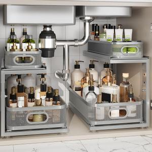 2 Pack 18.5IN-Depth Under Sink Organizer With Next-Gen Ball-Bearing Slides,2-Tier Precision Mesh Pull Out Cabinet Storage for Bathroom&Kitchen,Height Adjustable Drawers Shelf,Anti-rust-Grey