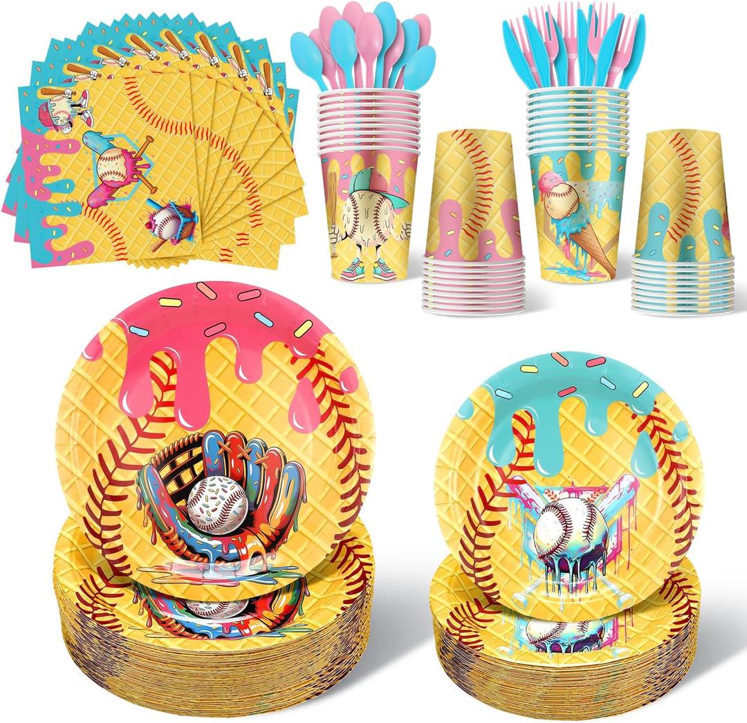 350 Pcs Ice Cream Drip Baseball Birthday Party Decorations Set Ice Cream Paper Plates Napkins Fork Set Disposable Fairy Tableware Decorations Supplies for Baby Shower Dinner Serves 50