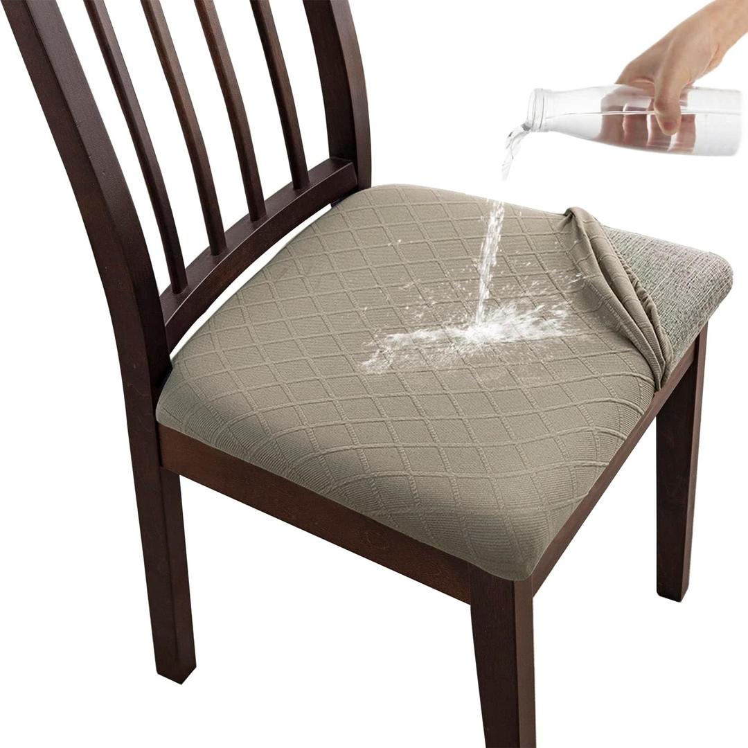 Chair Seat Covers Waterproof for Dining Room Chairs Stretch Jacquard Dining Room Chair Seat Covers Set of 6, Khaki