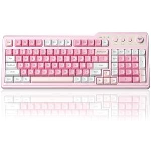 Aula F3099 Wireless Keyboard with Media Knob, Tri-Mode BT5.0/2.4GHz/USB-C Cute Creamy Keyboard with Number Pad, RGB Backlit Gaming Keyboard, Quiet Typing Pink Computer Keyboards for Office Laptop/PC