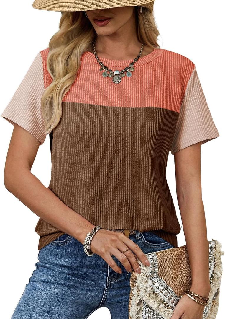 Dokotoo Womens Summer Tops 2026 Casual Color Block Womens T Shirts Loose Fit Crewneck Knitted Tops Trendy (M)