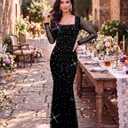 Women Sequin Mermaid Prom Dress Long Sleeve Rhinestone Evening Gown (Black, M)
