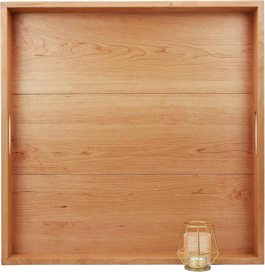 24 x 24 Inches Large Square Cherry Wood Ottoman Tray with Handles, Serve Tea, Coffee or Breakfast in Bed, Classic Wooden Decorative Tray