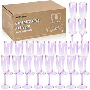 XUWAIDSGN 24 Pcs Reusable Champagne Flutes Plastic Wine Glasses Bulk Vintage Champagne Flutes Mimosa Bar Glasses Stemmed Drinking Cups 5.4OZ for Christmas Birthday Wedding Bride (Clear purple)