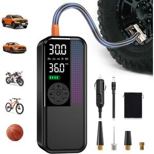 Tire Inflator Portable Air Compressor, 150 PSI Cordless Air Pump, Dual Power 6000mAh, 12V DC Car Plug, Fast Inflation 24L/Min, Auto Shut-Off, LED Light, 4 Preset Modes for Car, Bike, Motorcycle, Balls (Black)