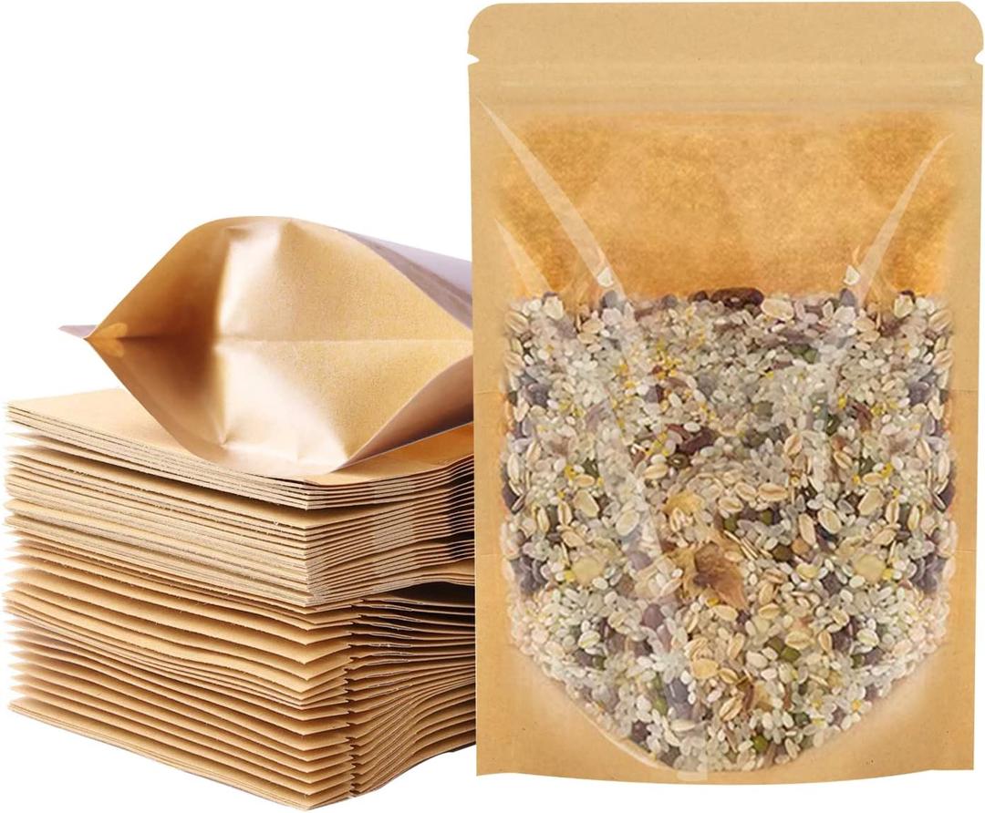 100 PCS Stand Up Pouches, 3.5x5.5inch Kraft Paper Food Bags with Clear Window, Reusable Zipper Food Storage Bags Resealable Pouches for Foods, Coffee Beans, Snacks