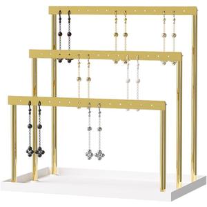3-Tier Earring Organizer Holder Stand, Metal Jewelry Stand with Tray for Earring Display, 42 Holes Metal Earring Storage Tower Rack for Women Girls Home Use (Gold)