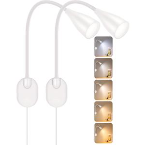 2 Pack LED Wall Mounted Bedside Reading Light, 3 Color Modes,10 Brightness Dimmable, USB Charging Port, Memory Timer Adhesive Wall Light Night Lamp for Books in Bed, Eye-Caring Bedroom Lighting White