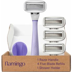 Flamingo Shaving Razor Set for Women - Original Razor Handle, 4 Blade Refills, and Shower Holder - Lilac