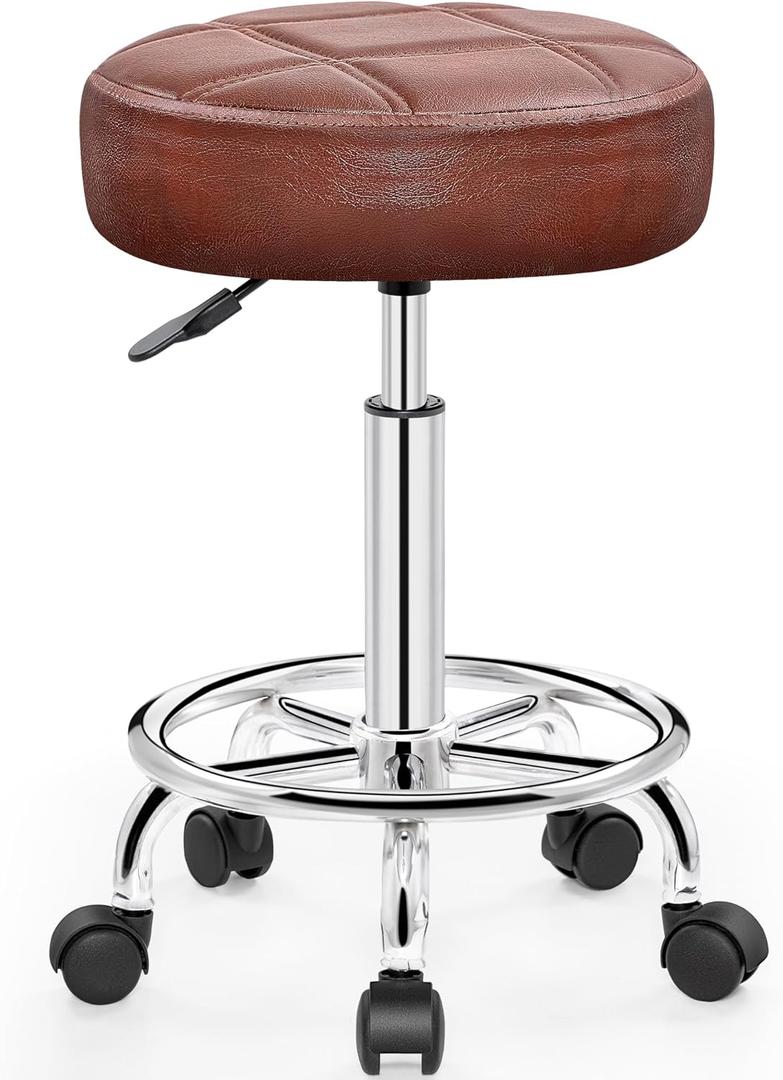 Rolling Stool with Wheels, PU Leather Small Office Chair with Foot Rest,Versatile Adjustable Swivel Stool for Tattoo Massage Salon Spa Teach Medical Facial Office Home Work Kitchen (Ember Brown)