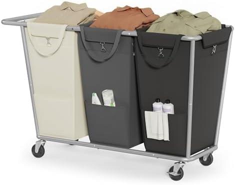 SONGMICS Laundry Basket with Wheels, 3-Section Laundry Sorter, 76.6 Gallons (290 L) Rolling Hamper with Removable Bags, Heavy-Duty Steel Frame, Cream White, Dark Gray and Ink Black URLS010X01