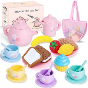 Silicone Tea Party Set for Little Girls,PRE-WORLD 27PCS Toys Toddler Tea Set with Play Food Dessert Cookies,Doughnut,Cake,Carrying Bag,Kids Kitchen Pretend Role Gifts for Girls Boys Age 3 4 5 6