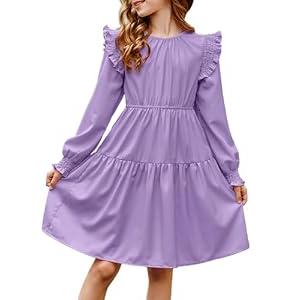 DOKOTOO KIDS Girls Dresses Cute Little Girl Fall Smocked Flowy Dress Spring Ruffle Puff Long Sleeve A-Line Semi-Formal Dress Trendy Boho Vestidos Niñas Dance Wedding Party Purple 6-7 Years