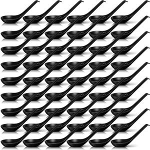 Hushee 100 Pcs Asian Soup Spoon Large Chinese Noodle Ramen Reusable Japanese Wonton Rice Dumpling Pho Spoon Bulk with Hook for Home Restaurant Kitchen (Black)