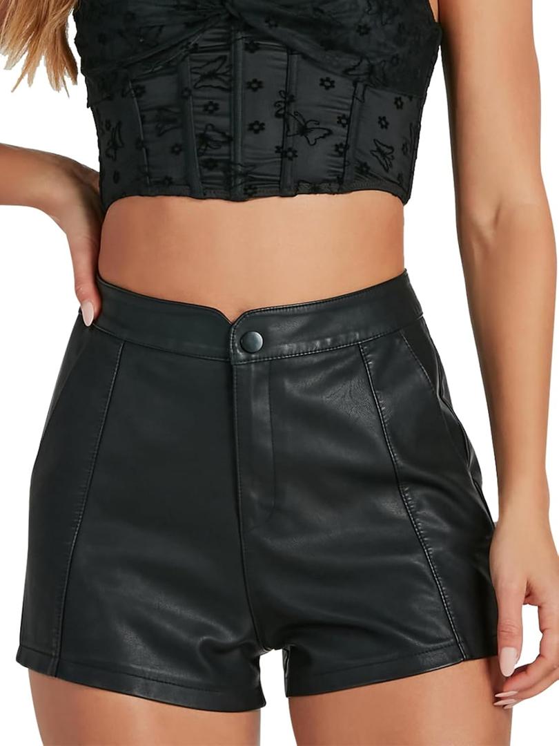 Zebaexf Women's High Waist Faux Leather Shorts Sexy PU Leather Shorts with Pockets, Size: Medium, Dark-Black