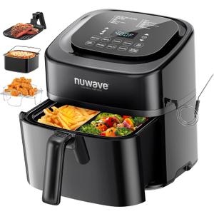 Nuwave Brio 10-in-1 Air Fryer, 6 QT Airfryer Capacity with Smart Probe, Roast Grill Bake for Fast Meals, One-Touch Digital Controls, Powerful 1800W Fryer, 100 Recipes, Removable Divider & Grill Pan