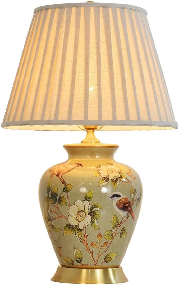American Flower&Bird Ceramic Table Lamp, Hand-Painted Chinoiserie Lamps, Fabric Lampshade Nightstand Lamp for Bedroom Living Room Office College Bookcase