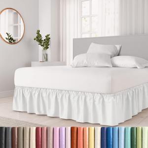 Wrap Around Dust Ruffle Bed Skirt - White - for Full Size Beds with 12 Inch Drop - Easy Fit Elastic Strap - Adjustable Pleated Bedskirt w/Brushed Fabric - Wrinkle Free - for Women, Men, Kids & Teens