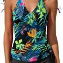 Women Two Piece Tankini Halter Padded Adjustable Drawstring Swimsuit with Boyshorts (Large, Green Flower)