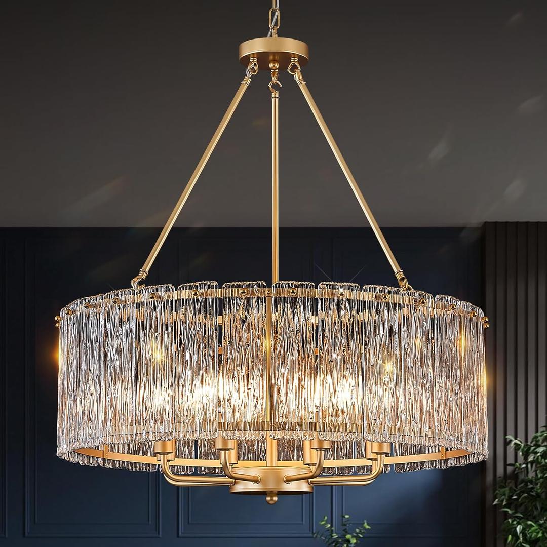 Gold Drum Chandelier 24.4" Modern Crystal Glass Chandeliers Luxury 8-Light Pendant Ceiling Chandelier Lighting for Dining Room Foyer Living Room Bedroom