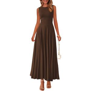 PRETTYGARDEN Womens Spring Dresses 2026 Casual Sleeveless Crewneck Aline Maxi Dress Stretch Tank Flowy Long Dresses (Brown, M)