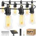 Solar String Lights Outdoor Waterproof 35FT with Shatterproof ST38 LED Bulbs, 2700K Solar Lights with Remote, Solar String Lights for Outside, Camping, Yard