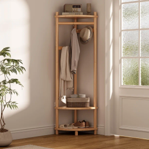 KASLANDI Solid Wood Corner Hall Tree with Hanging Clothes Rod, 4 Hooks Coat Rack with Storage Rack, Clothes Rack for Bedroom Entryway (Natural)