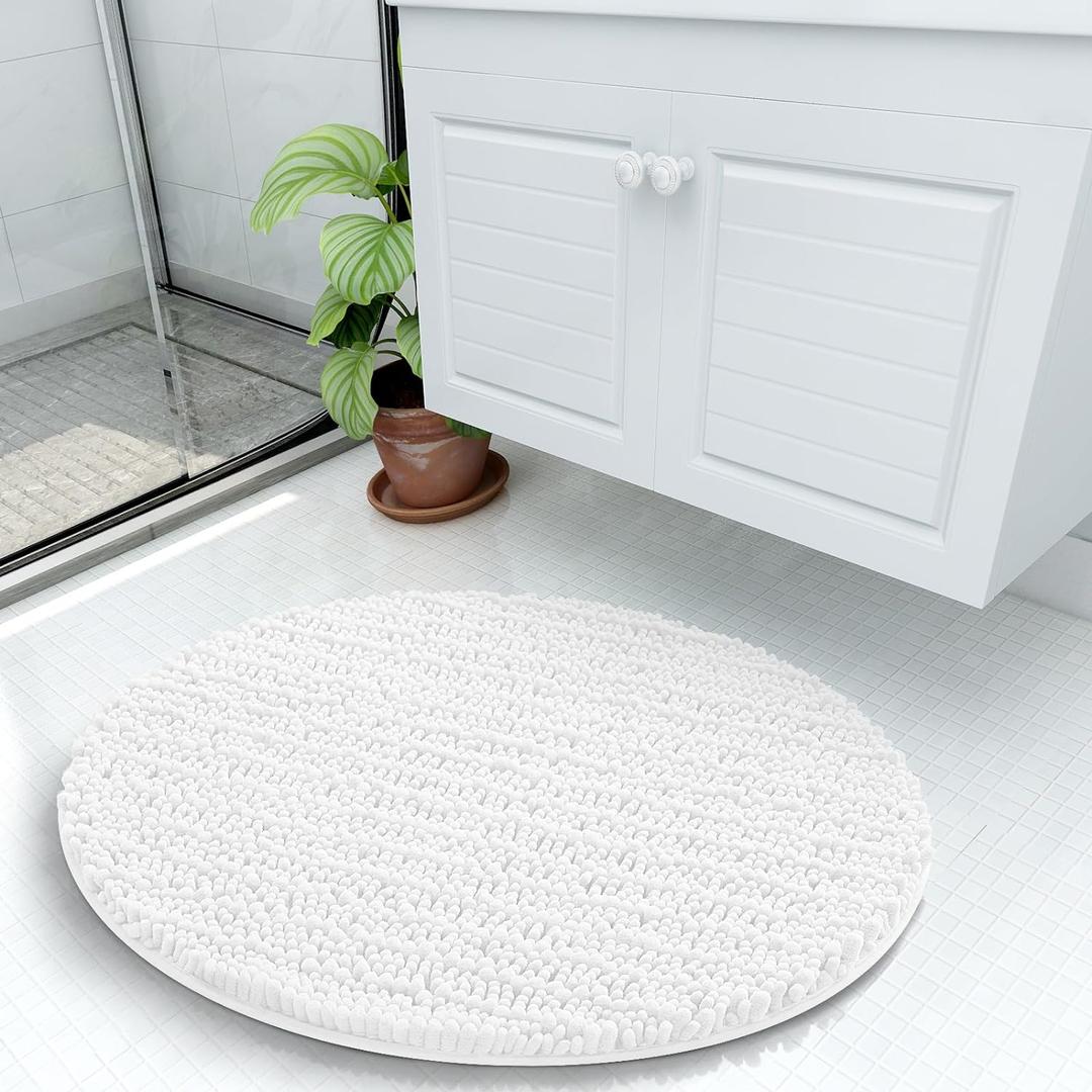 Arotive Luxury Round Chenille Bathroom Rug Mat, Extra Soft Thick Absorbent Shaggy Bath Rugs, Non-Slip Machine Wash Dry Plush Bath Mats for Bathroom, Shower and Tub, 24x24, White