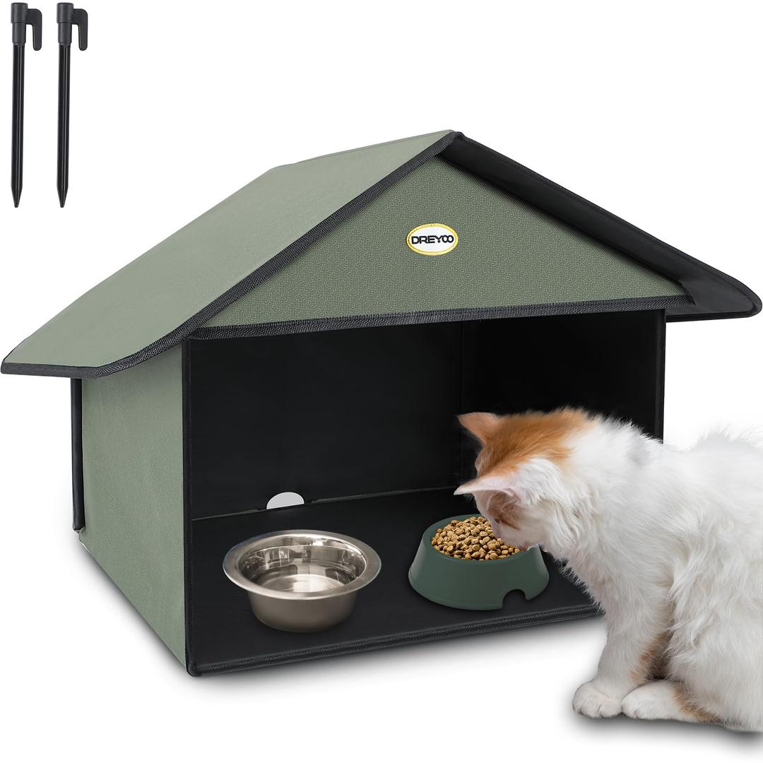 Outdoor Cat House Feral Cat Feeding Station Covered Waterproof Stray Cat Shelter Community Cats Dining Room for Food & Water