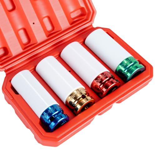 1/2" Drive Wheel Protector Impact Socket, Non-Marring Lug Nut Thin Wall Deep Socket Set, CR-MO, 6 Point, Color-Coded Protective Socket | Metric 17 19 21 22 mm (4 PCS)