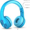 LilGadgets Connect+ Pro Wired Kids Headphones for School with Microphone, Volume Limiting Over-Ear Headset with Cord, SharePort Technology & SoftTouch Padding, Blue (Plain)
